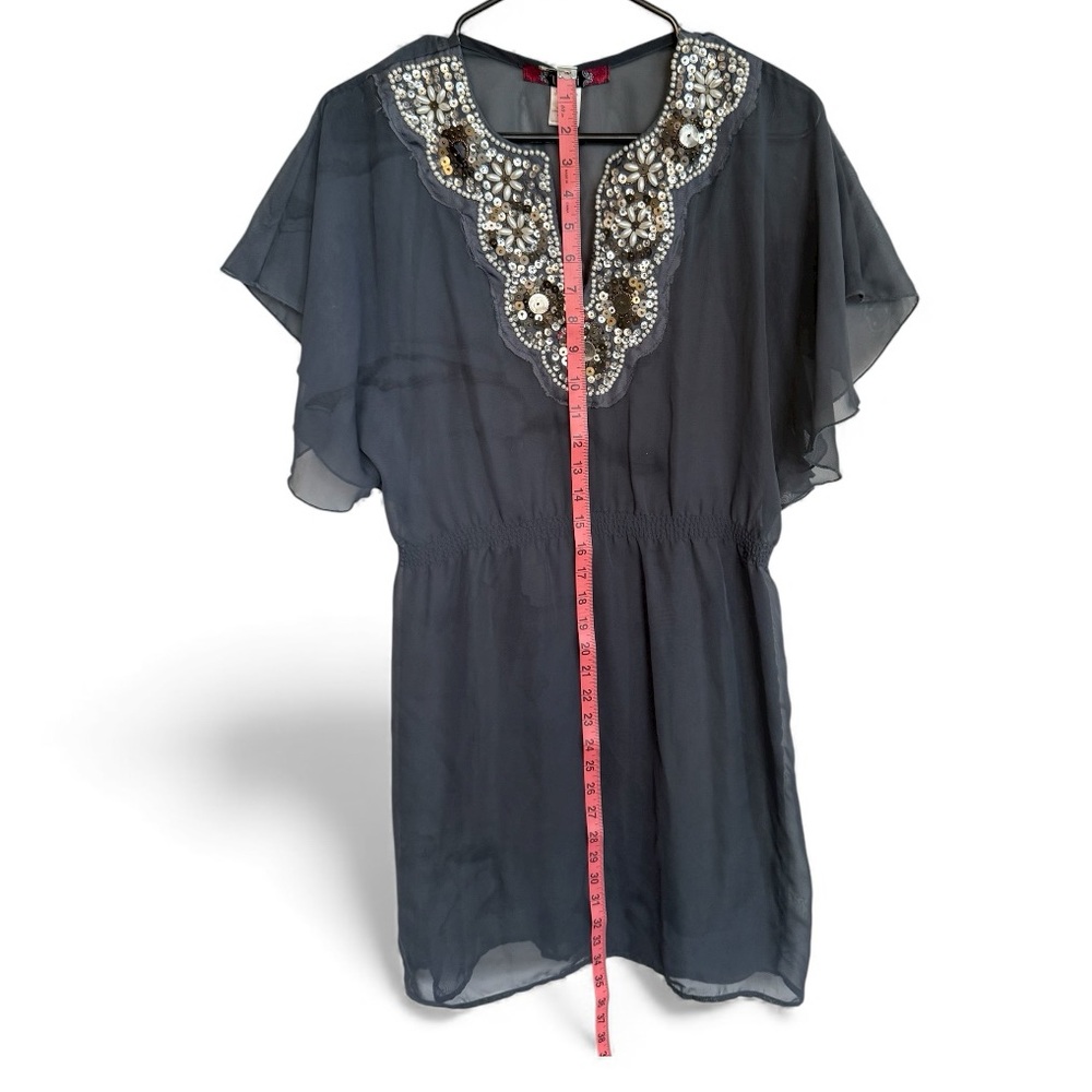 Trixxi Juniors 9 Embellished Beaded & Sequin Chiffon Tunic Dress – Dark Gray - Picture 5 of 8